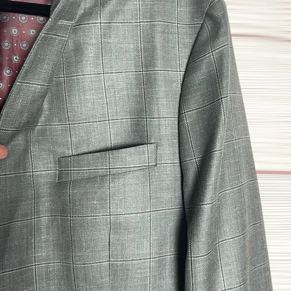 Ralph Lauren Gray Suit Jacket Blazer Gray Plaid Wool Silk Linen Blend 42L